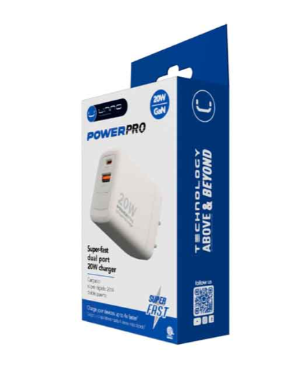 Cargador de Pared Unno Tekno PowerPro Dual USB USB-C 20W Blanco