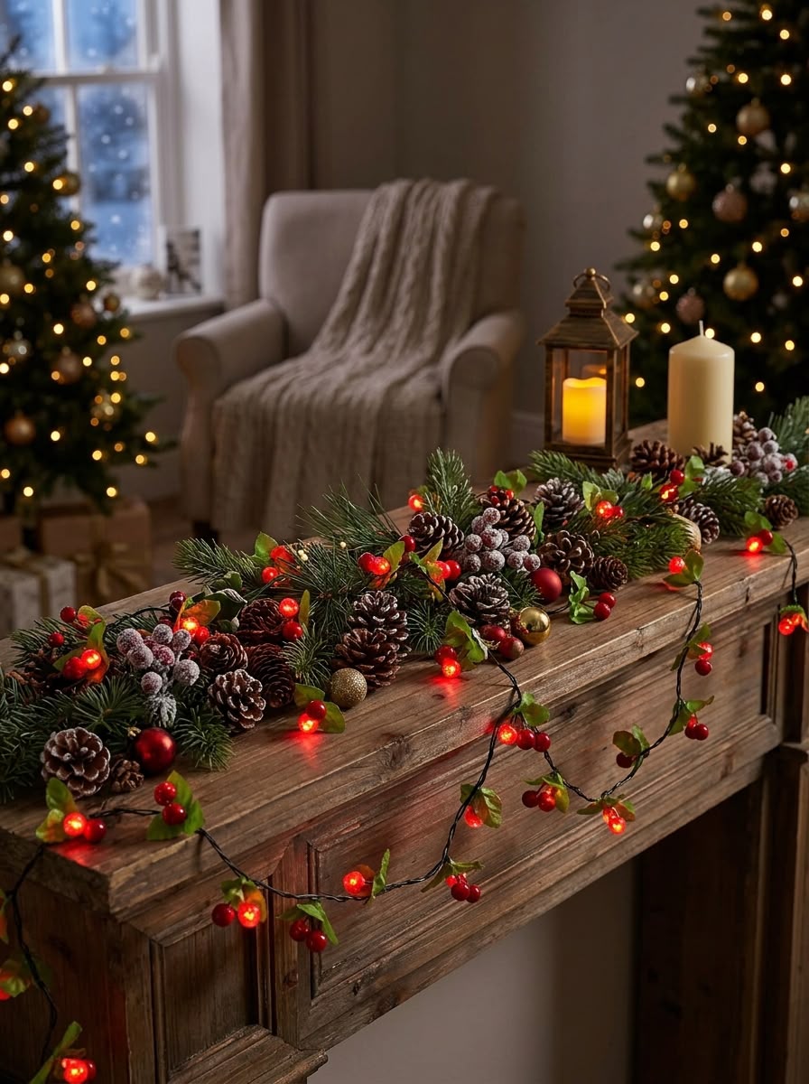 luces Navideñas rojas ceresas con hojas verdes