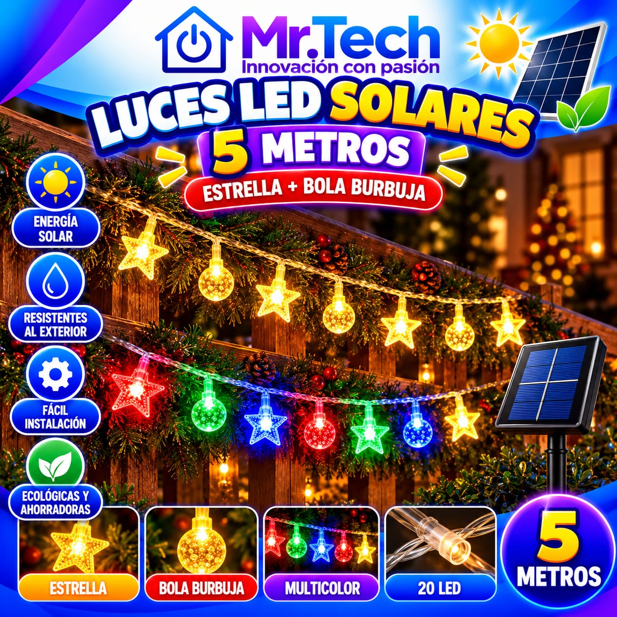 Luces LED Solares Navideñas de 5 Metros – Estrellas y Bolas Burbuja ✨🎄