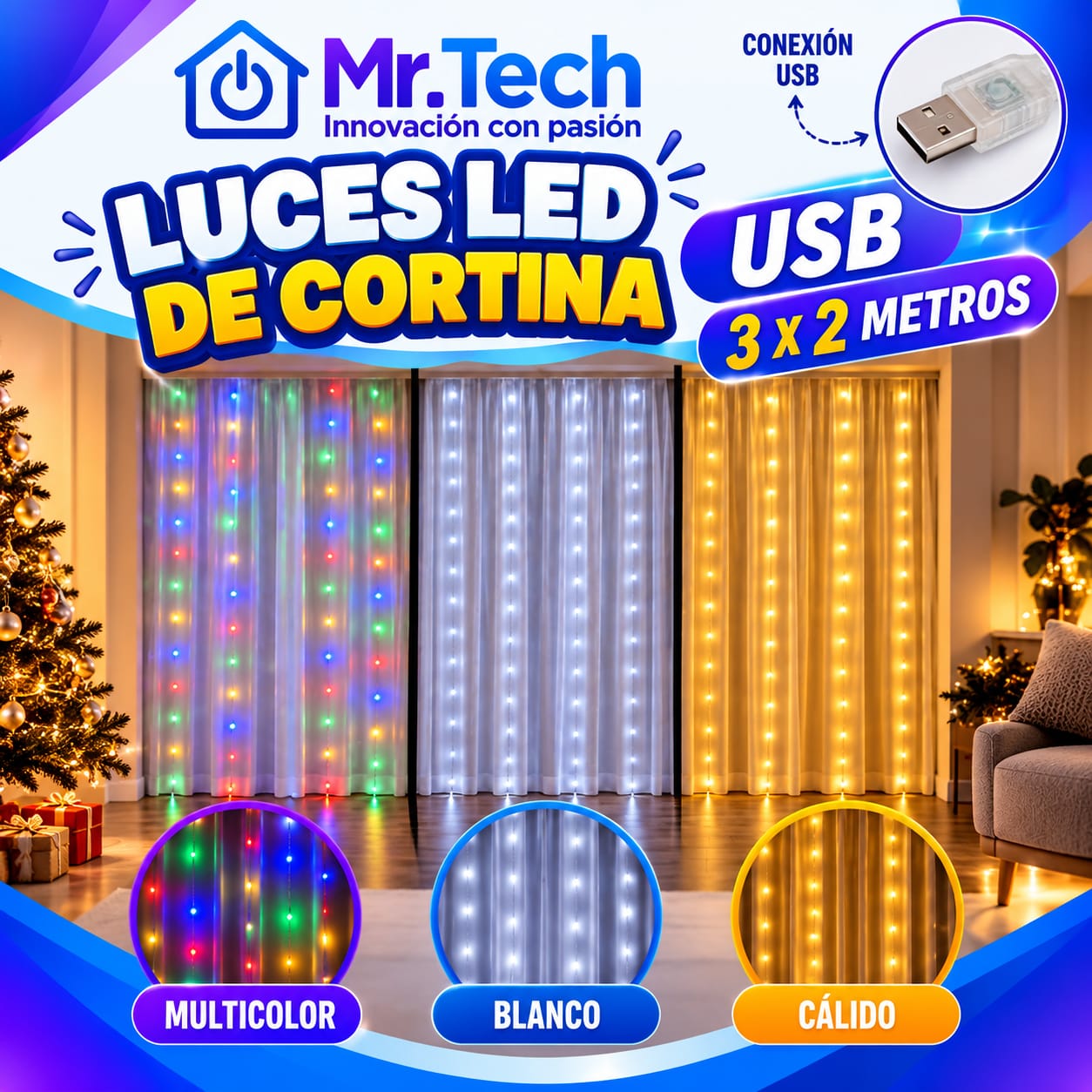 Luces LED de Cortina USB de 3 x 2 Metros – Decoración Navideña ✨🎄
