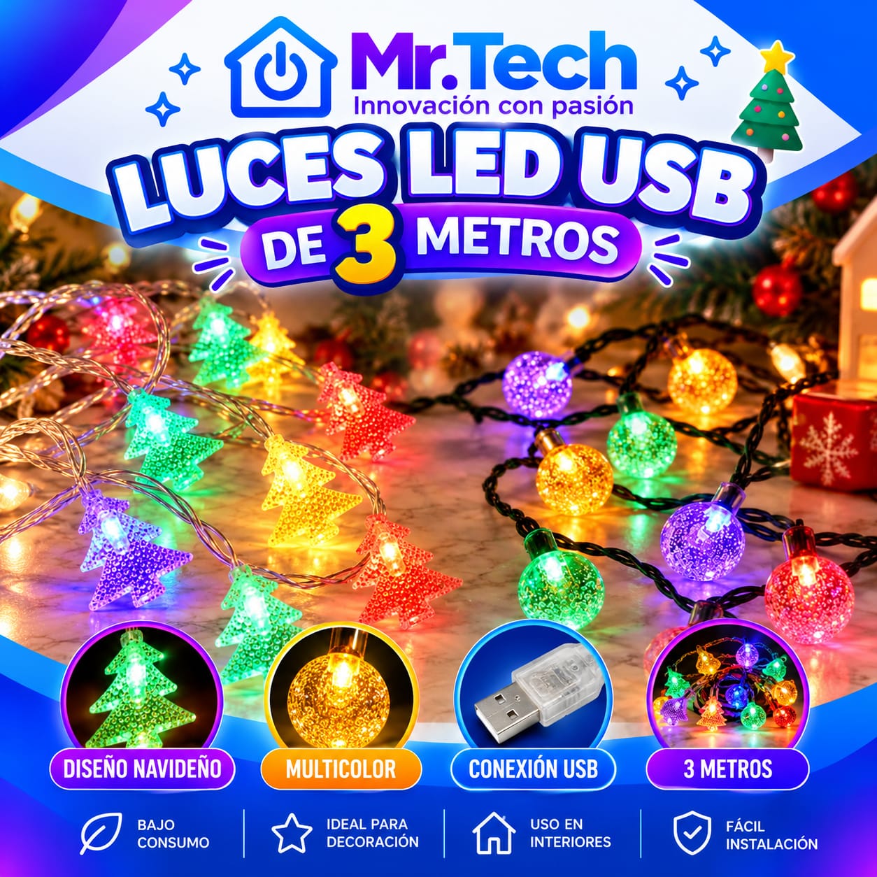 Luces LED Navideñas USB de 3 Metros – Diseños de Árboles y Esferas 🎄✨