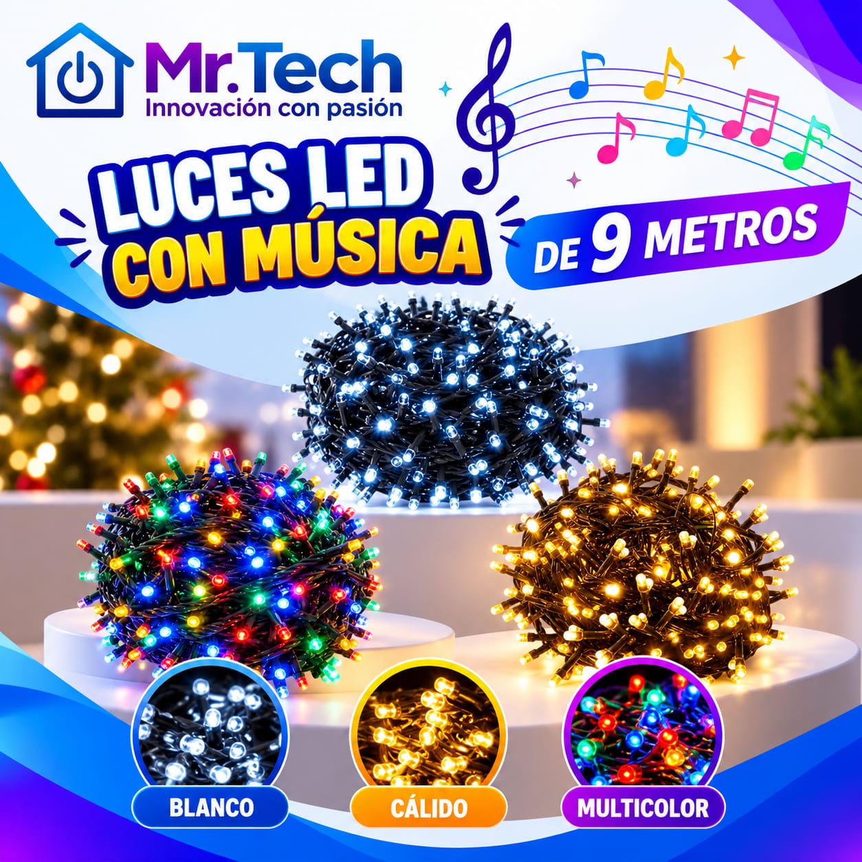 Luces LED con Música de 9 Metros – Decorativas Navideñas ✨🎶
